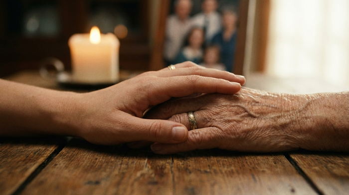 Eine Nahaufnahme von zwei Händen, die behutsam aufeinanderliegen – eine jüngere und eine ältere Hand. Im Hintergrund unscharf ein Holztisch. Symbol für Fürsorge, Familie und familiären Zusammenhalt, warme Beleuchtung, textfrei.