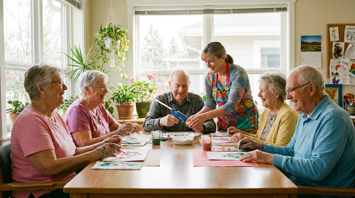 Eine Gruppe von Senioren sitzt fröhlich an einem Tisch in einer hellen Tagespflege und bastelt gemeinsam mit einer engagierten Betreuerin.