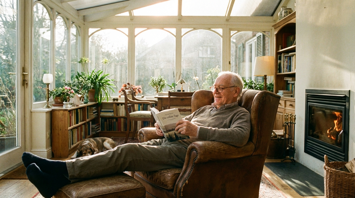 Ein älterer Herr sitzt entspannt in einem bequemen Liegesessel in einem ruhigen, sonnendurchfluteten Ruheraum und liest ein Buch.