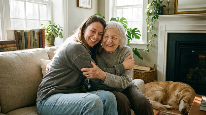 Eine lächelnde Tochter umarmt ihre ältere Mutter im heimischen Wohnzimmer, beide wirken sichtlich erleichtert, entspannt und glücklich.
