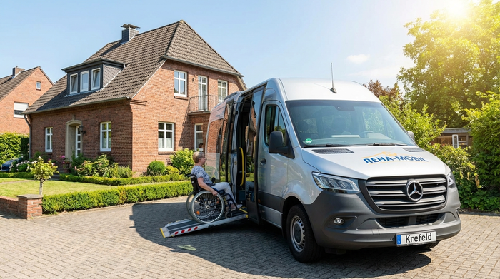 Ein moderner, rollstuhlgerechter Kleinbus steht mit geöffneter Rampe vor einem gepflegten Krefelder Wohnhaus im hellen Sonnenschein.