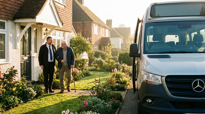 Ein freundlicher Fahrer begleitet einen älteren Herrn mit Gehstock sanft von der Haustür zu einem wartenden Kleinbus. Warme Morgenbeleuchtung, gepflegter Vorgarten, fotorealistisch, keine Schriftzüge.