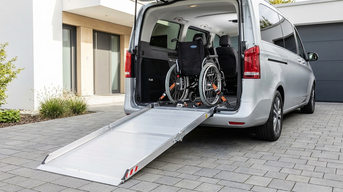 Eine sichere, breite Auffahrrampe am Heck eines modernen Kleinbusses. Ein Rollstuhl steht sicher im hellen Innenraum, gesichert mit professionellen Gurten. Realistische Darstellung, saubere Umgebung, kein Text.