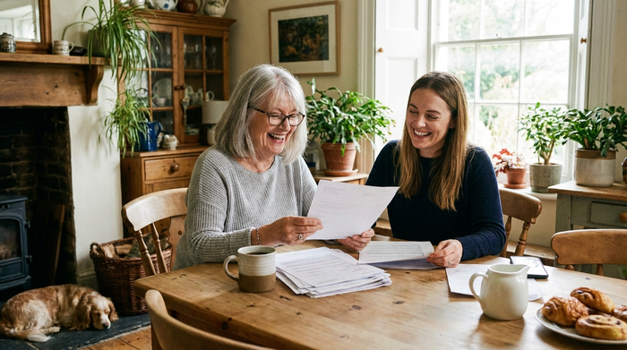 Eine ältere Frau sitzt entspannt am Küchentisch und bespricht lächelnd Dokumente mit ihrer Tochter. Auf dem Tisch liegen einige Papiere und eine Kaffeetasse. Helles, gemütliches Zimmer, natürliche Beleuchtung, ohne lesbaren Text.