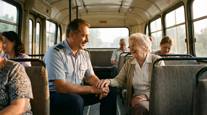 Ein einfühlsamer Fahrer sitzt neben einer älteren Dame im Bus und unterhält sich ruhig und lächelnd mit ihr. Die Dame wirkt entspannt und glücklich. Sanftes Licht im Fahrzeuginnenraum, fotorealistisch.