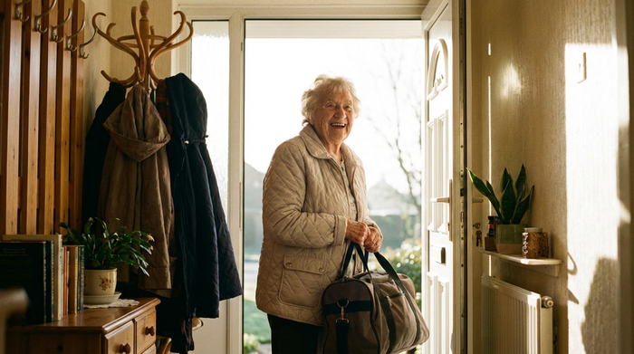 Eine ältere Dame steht mit gepackter Tasche und leichter Jacke freudig an ihrer geöffneten Haustür und blickt nach draußen in die Morgensonne. Gemütlicher Flur im Hintergrund.