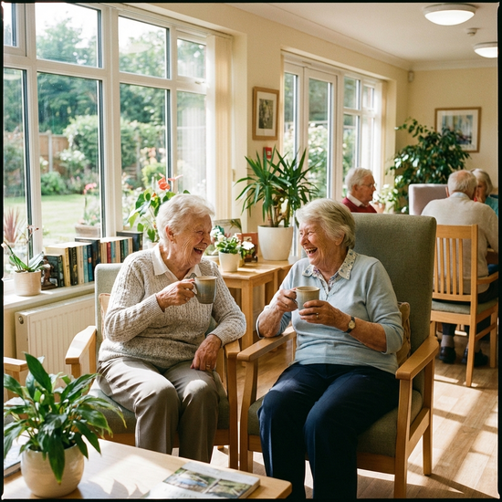 Zwei ältere Menschen lachen gemeinsam bei einer Tasse Kaffee in einem hellen, freundlichen Aufenthaltsraum mit großen Fenstern.