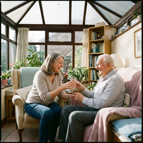 Eine fürsorgliche Pflegekraft reicht einem lächelnden Senior liebevoll ein Glas Wasser in einem gemütlich eingerichteten Wintergarten.
