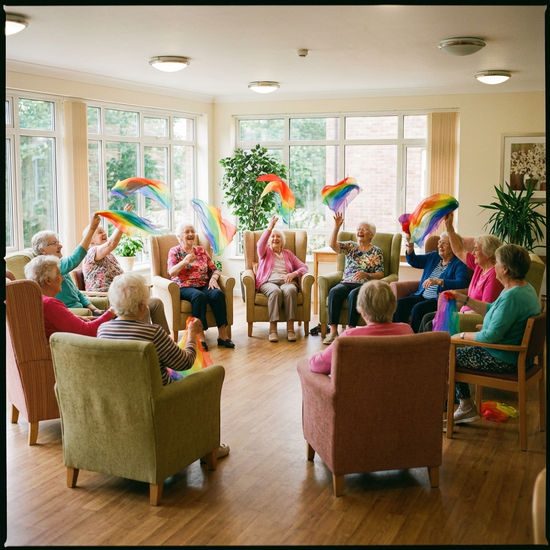 Eine Gruppe von Senioren sitzt im Kreis auf bequemen Stühlen und macht freudig leichte Gymnastikübungen mit bunten Tüchern.