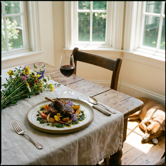 Ein frisch zubereitetes, ansprechend angerichtetes Mittagessen auf einem schön gedeckten Tisch in einem hellen Speisesaal.