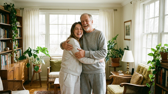 Eine jüngere Frau umarmt ihren älteren Vater glücklich und entspannt im heimischen, sonnendurchfluteten Wohnzimmer.
