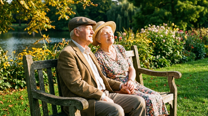 Ein älteres Ehepaar sitzt entspannt auf einer Holzbank in einem grünen Park und genießt die warme Nachmittagssonne.