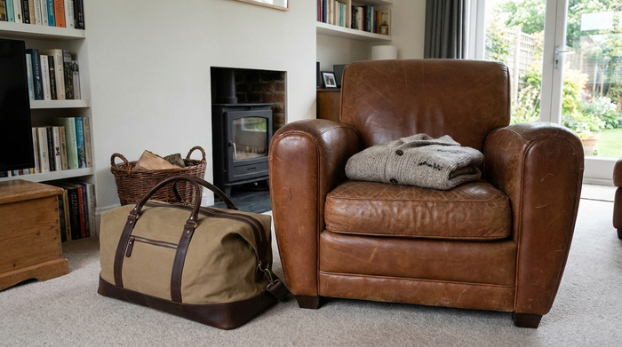 Eine gepackte, ordentliche kleine Reisetasche steht bereit neben einem bequemen Sessel, darauf liegt eine gefaltete, warme Strickjacke.