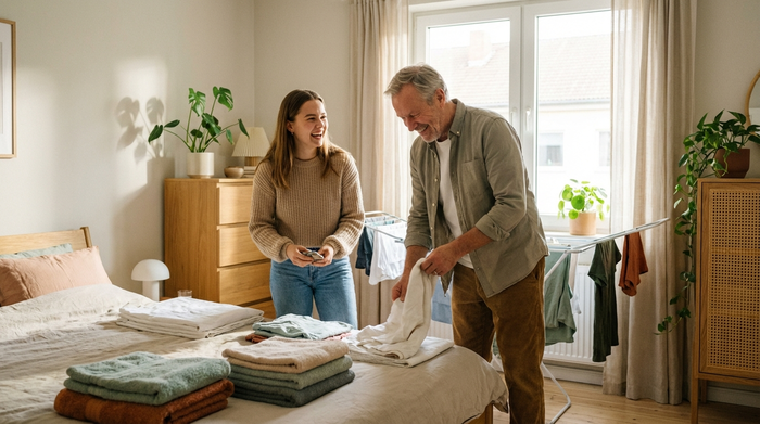 Eine junge, engagierte Frau in Alltagskleidung hilft einem älteren Herrn beim Sortieren von frischer Wäsche in einem aufgeräumten Schlafzimmer. Helles Tageslicht, harmonische Stimmung und saubere Umgebung ohne Text.
