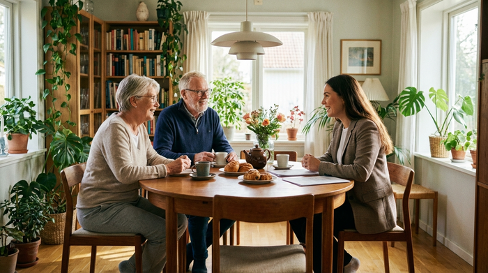 Ein älteres Ehepaar sitzt gemeinsam mit einer Beraterin an einem runden Esstisch und schaut sich lächelnd an. Gemütliche Atmosphäre, Kaffeetassen auf dem Tisch, helles Esszimmer.