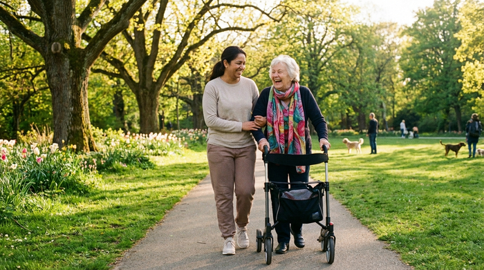 Eine freundliche Pflegekraft begleitet eine Seniorin mit Rollator bei einem entspannten Spaziergang durch einen grünen Park an einem sonnigen Tag. Fröhliche Gesichter, natürliche und sichere Umgebung.