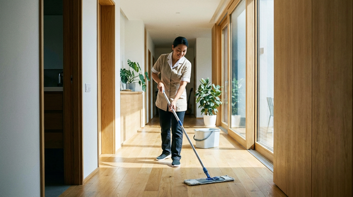 Eine ordentliche, fokussierte Reinigungskraft wischt den Holzboden in einem hellen, aufgeräumten Flur eines modernen Hauses. Im Hintergrund steht ein sauberer Putzeimer. Realistische Szene, freundliche Atmosphäre, keine Schriftzüge.