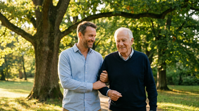 Ein engagierter Seniorenassistent stützt einen älteren Herrn beim gemeinsamen Spaziergang durch einen grünen Park mit großen Bäumen. Beide lächeln. Sonniges Wetter, entspannte und sichere Stimmung, fotorealistisch.