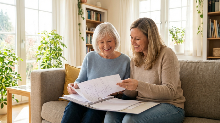 Eine ältere Frau und ihre erwachsene Tochter sitzen entspannt auf einem Sofa und schauen gemeinsam Dokumente in einer Mappe an. Helles Wohnzimmer, harmonische und erleichterte Stimmung, keine lesbaren Texte auf dem Papier.