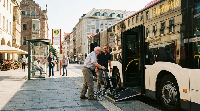 Ein älterer Senior mit einem modernen Rollator steigt mit Hilfe einer freundlichen Begleitperson sicher in einen modernen Linienbus ein. Städtische Umgebung, sonniger Tag, klare und sichere Szene ohne Text.