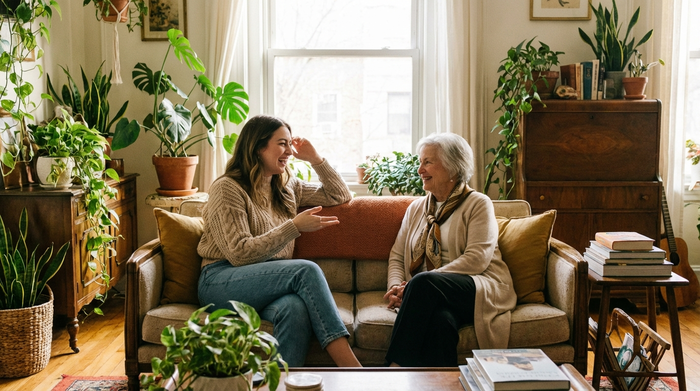 Zwei Frauen unterhalten sich freundlich auf einem gemütlichen Sofa. Eine jüngere Frau in gepflegter Alltagskleidung und eine ältere Dame. Helles Wohnzimmer mit Zimmerpflanzen, harmonische Stimmung.