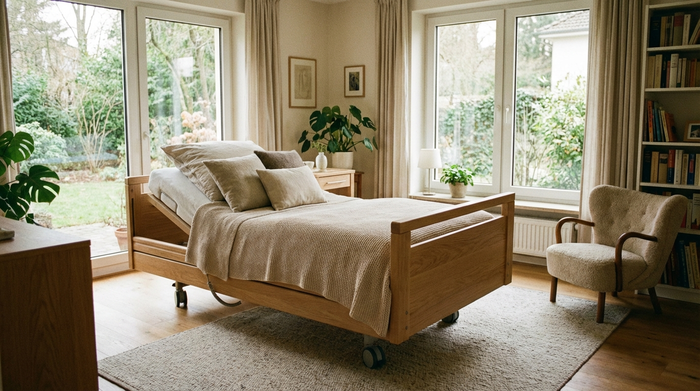 Ein hochwertiges, elektrisch verstellbares Pflegebett aus hellem Holz steht in einem gemütlich eingerichteten Schlafzimmer mit großen Fenstern. Eine weiche Tagesdecke und Kissen sorgen für eine wohnliche Atmosphäre. Keine medizinische Krankenhausoptik, sondern ein würdevolles, warmes Zuhause.