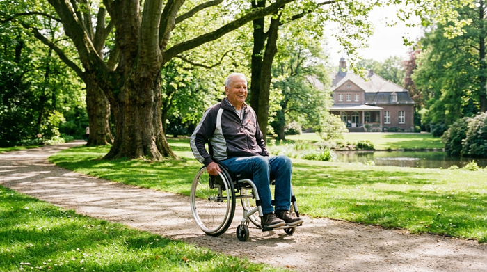 Ein aktiver Senior fährt an einem sonnigen Tag mit einem modernen, silbernen Leichtgewichtrollstuhl durch einen grünen Park in Krefeld. Er lächelt entspannt, umgeben von großen alten Bäumen und gepflegten Wegen.