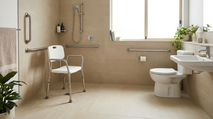 Ein helles, barrierefreies Badezimmer mit rutschfesten, sandfarbenen Fliesen. In der geräumigen, ebenerdigen Dusche steht ein stabiler, ergonomischer Duschstuhl. An der Wand sind stilvolle Haltegriffe aus gebürstetem Edelstahl sicher montiert.