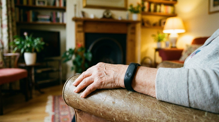 Eine Nahaufnahme der Hand einer älteren Dame, die bequem in einem Sessel sitzt. Sie trägt ein unauffälliges, modernes Hausnotruf-Armband am Handgelenk. Im Hintergrund ist unscharf eine gemütliche, warme Wohnzimmerumgebung zu erkennen.