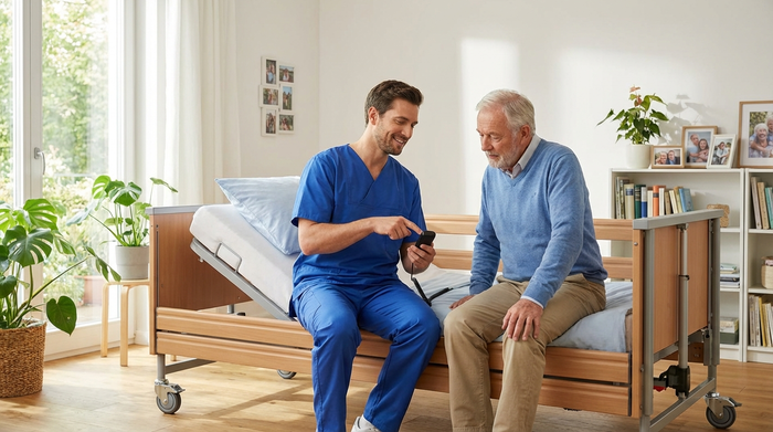 Ein freundlicher Techniker in sauberer Arbeitskleidung erklärt einem aufmerksamen Senior geduldig die Funktionen einer Fernbedienung für ein Pflegebett. Das Bett steht fertig montiert im hellen, freundlichen Wohnbereich.