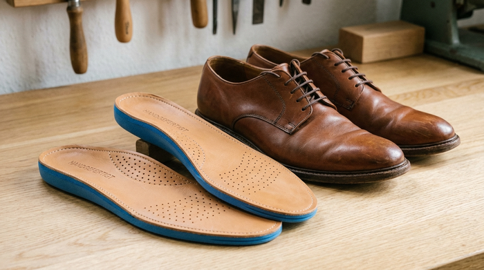 Nahaufnahme von hochwertigen, maßgefertigten orthopädischen Einlagen aus weichem Leder und dämpfendem Schaumstoff, die neben einem Paar bequemer, stilvoller Halbschuhe auf einem hellen Holztisch liegen.
