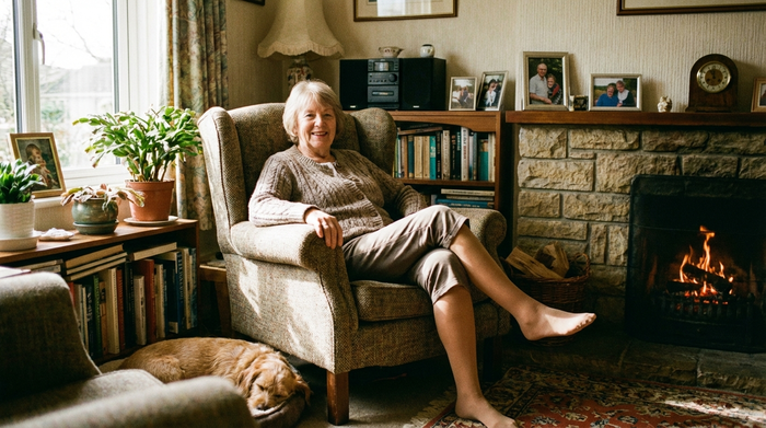 Eine rüstige Seniorin sitzt entspannt auf einem bequemen Sessel in ihrem gemütlichen Wohnzimmer und trägt unauffällige, hautfarbene Kompressionsstrümpfe, die perfekt an den Beinen anliegen.