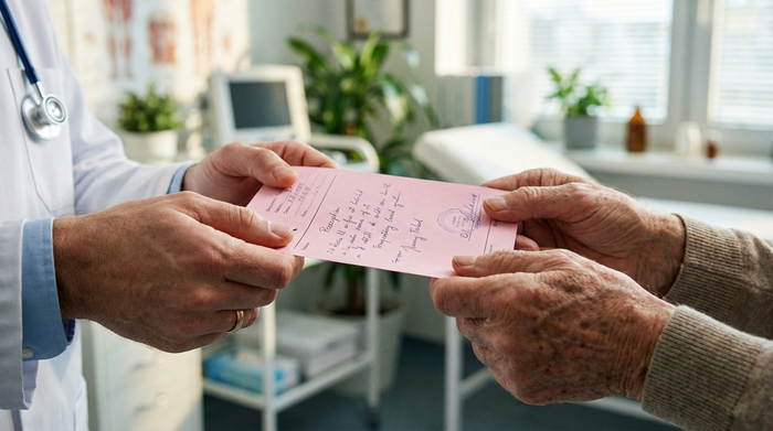 Ein detaillierter Blick auf die Hände eines Arztes, der ein rosafarbenes Rezeptformular an einen älteren Patienten überreicht. Helle Arztpraxis im Hintergrund, unscharf.