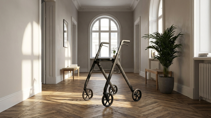 Ein eleganter, mattschwarzer Carbon-Rollator steht in einem hellen, modernen Flur eines Altbaus. Sonnenlicht fällt durch ein großes Fenster auf den leichten Rollator.