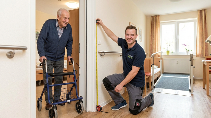 Ein freundlicher Reha-Techniker misst mit einem Maßband die Breite eines Türrahmens in einer seniorengerechten Wohnung aus. Der ältere Bewohner schaut interessiert zu.