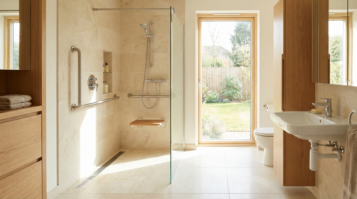 Eine komfortable, helle Badezimmer-Szene mit einer modernen, ebenerdigen Dusche und sicheren Haltegriffen an der Wand. Sauber, hell und barrierefrei eingerichtet.