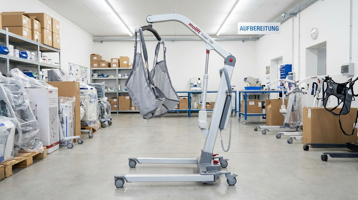 Ein gepflegter, elektrischer Patientenlifter steht ungenutzt in einem sauberen, gut beleuchteten Lagerraum eines Sanitätshauses, bereit für die Aufbereitung.