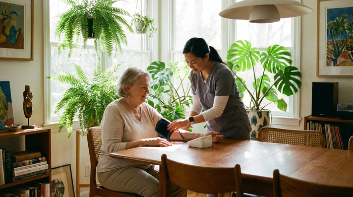 Eine ältere Frau sitzt entspannt am Esstisch, während eine fürsorgliche Pflegekraft ihren Blutdruck misst. Heller Raum, grüne Pflanzen im Hintergrund, harmonische Stimmung.
