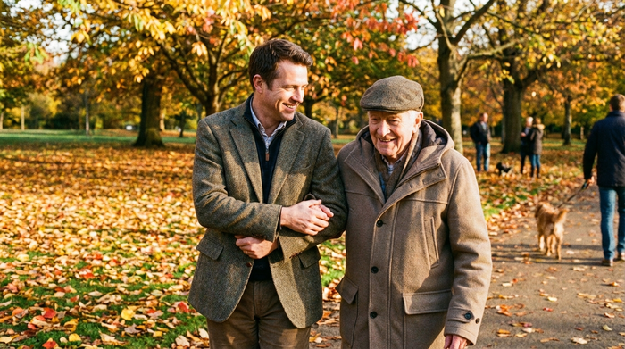 Ein erwachsener Sohn stützt seinen älteren Vater liebevoll beim gemeinsamen Spaziergang im herbstlichen Park. Beide lächeln, klare Umgebung, realistische Szene.