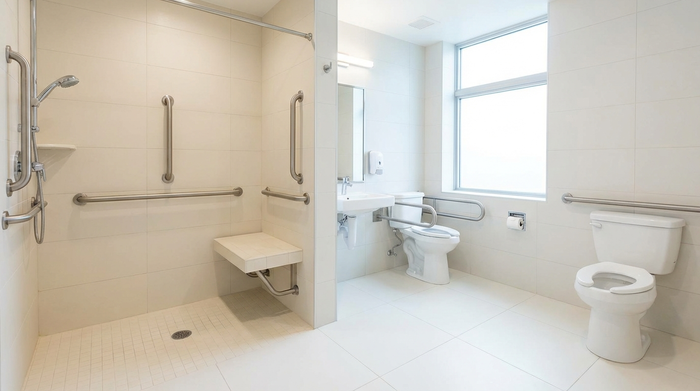 Ein modernes, barrierefreies Badezimmer mit einer ebenerdigen Dusche und stabilen Haltegriffen. Helle Fliesen, sauberes und sicheres Umfeld für Senioren.