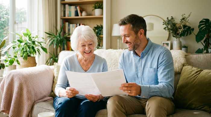 Eine ältere Dame und ein freundlicher Berater sitzen gemeinsam auf einem Sofa und schauen zufrieden auf Dokumente. Entspannte, helle Raumatmosphäre ohne lesbaren Text.