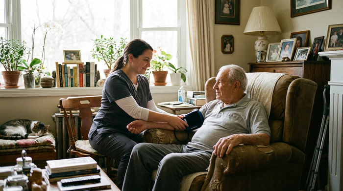 Eine fürsorgliche Pflegekraft misst den Blutdruck eines älteren Herrn im gemütlichen Wohnzimmer. Helles Tageslicht, professionelle und empathische Szene, realistisch.