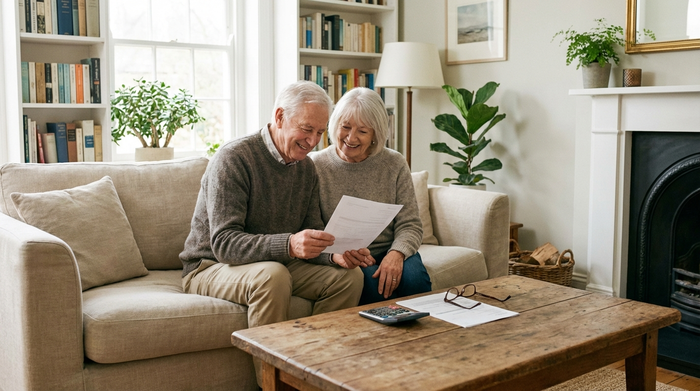 Ein älteres Ehepaar sitzt entspannt auf dem Sofa und liest gemeinsam ein Dokument. Auf dem Holztisch liegen ein Taschenrechner und eine Brille. Ruhige, aufgeräumte Umgebung.