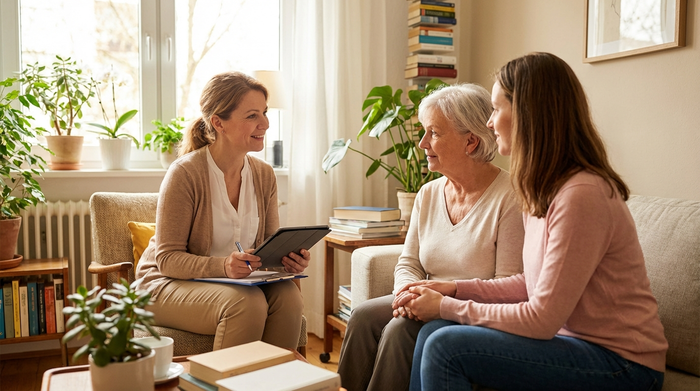 Eine erfahrene Pflegedienstleitung im Gespräch mit einer Seniorin und deren Tochter. Sie sitzen entspannt in einem hellen, freundlichen Wohnzimmer. Harmonische und beratende Stimmung.