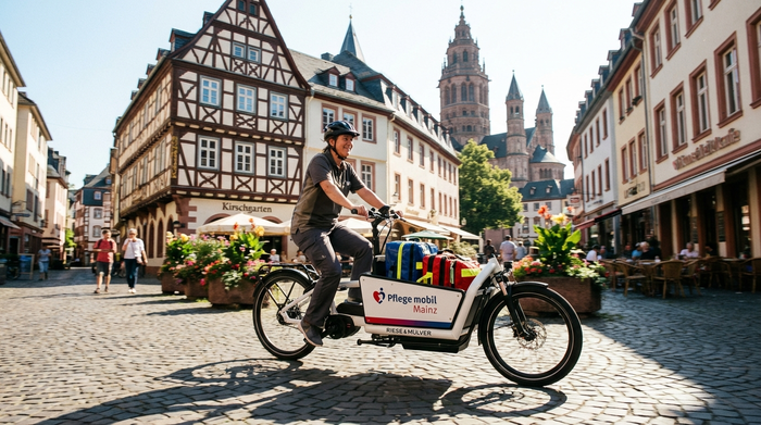 Eine Pflegekraft fährt mit einem modernen E-Bike durch eine malerische Straße in der Mainzer Altstadt mit historischen Gebäuden im Hintergrund. Sonniger Tag, dynamische Szene.