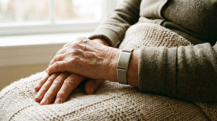 Ein moderner, unauffälliger Hausnotruf-Sender am Handgelenk einer älteren Person, deren Hände sanft im Schoß ruhen. Fokus auf Sicherheit und Geborgenheit, weiches Licht.