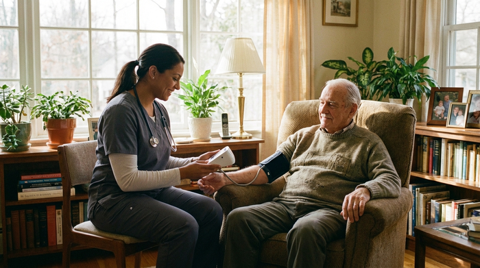 Eine engagierte Pflegekraft misst sanft den Blutdruck eines älteren Herrn, der entspannt in seinem Sessel im heimischen Wohnzimmer sitzt. Helles Tageslicht, professionelle und fürsorgliche Stimmung.