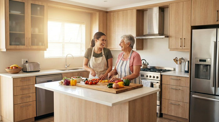 Eine junge Betreuerin und eine Seniorin kochen gemeinsam in einer sauberen, modernen Küche. Sie lachen und schneiden frisches Gemüse. Warme, familiäre und unterstützende Atmosphäre.