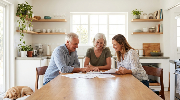 Ein älteres Ehepaar sitzt mit ihrer erwachsenen Tochter am Küchentisch und betrachtet gemeinsam konzentriert, aber entspannt einige Unterlagen. Helle, aufgeräumte Umgebung, harmonisches Familienklima.