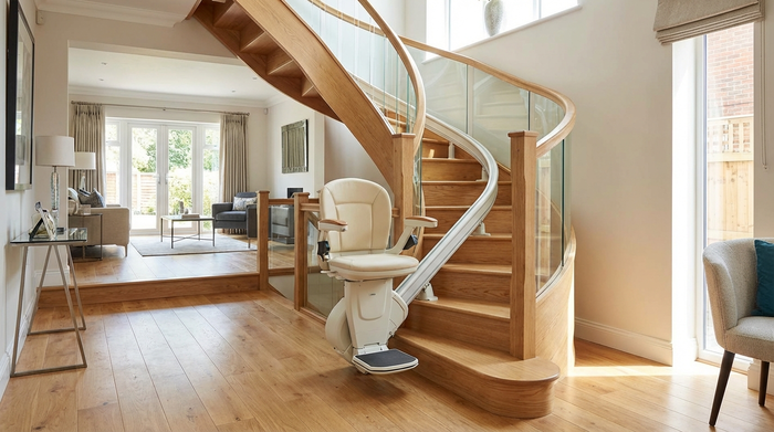 Ein moderner, bequemer Treppenlift, der an einer eleganten Holztreppe in einem gepflegten Einfamilienhaus installiert ist. Die Umgebung ist hell und barrierefrei gestaltet.